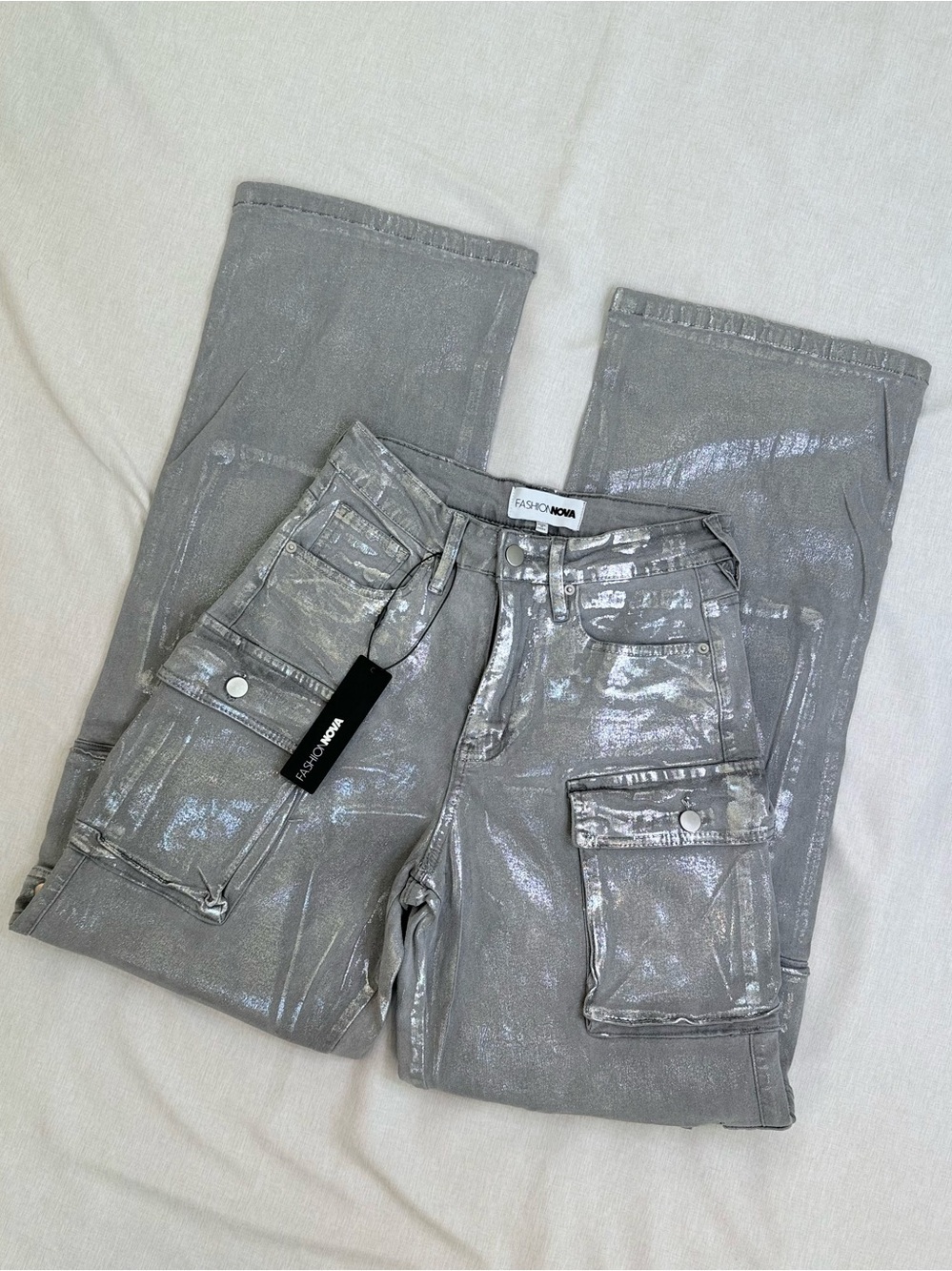Viral Fashion Nova Silver Foil Metallic Cargo Pants Time To Shine Size 5 NWT